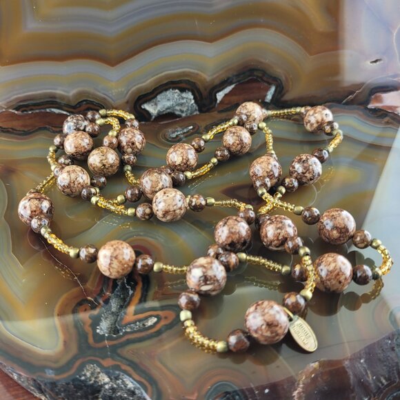 Vintage Judie Ingram Brown Granite & Amber Glass Beaded Necklace 34" - Picture 1 of 6